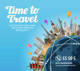 Naklejka premium Travel to world. Landmarks on the planet. Journey. Vector illustration
