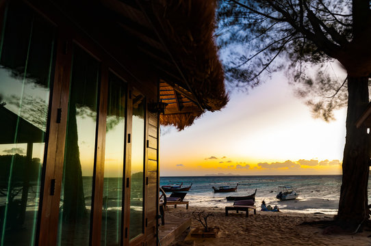 Beach house in early moning before sunrises with long exposure