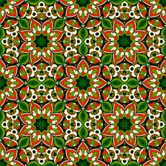 Seamless pattern. Decorative pattern in red, green and white colors. Vector background