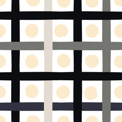 Cute vector geometric seamless pattern . Polka dots and stripes. Brush strokes. Hand drawn grunge texture. Abstract forms. Endless texture can be used for printing onto fabric or paper