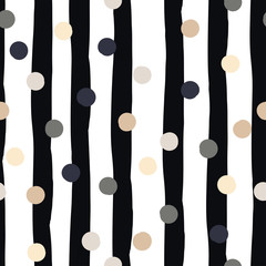 Cute vector geometric seamless pattern . Polka dots and stripes. Brush strokes. Hand drawn grunge texture. Abstract forms. Endless texture can be used for printing onto fabric or paper