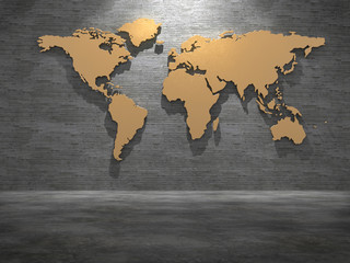 Golden world map on white wall with lights spot.3D rendering.