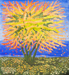 Autumn yellow tree, oil painting