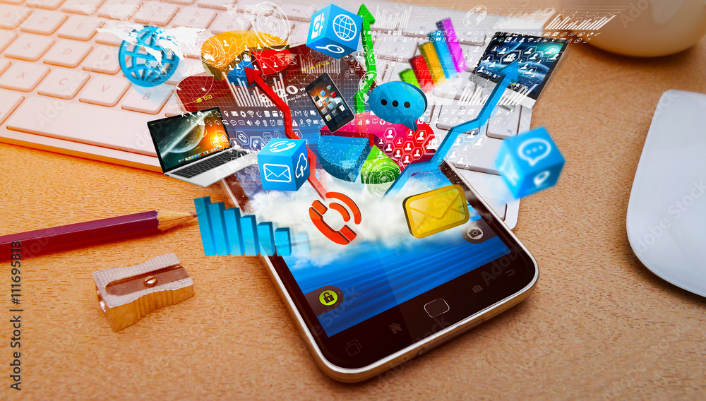 Poster tech devices and cloud over modern mobile phone
