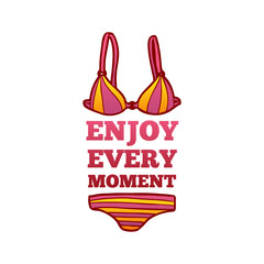 Summer logo enjoy every moment. Summer logo with a female swimsuit in a cartoon style. Badge, banner, badge, sticker, logo for the summer. Vector.