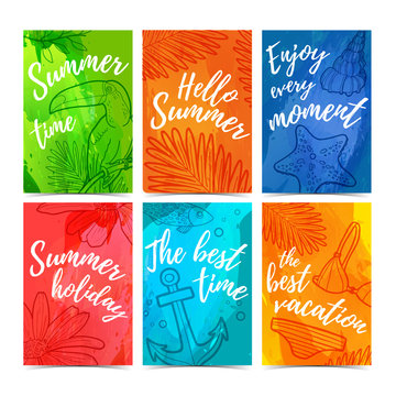 Set of greeting cards, invitations, web banners Hello summer. Summer card for better holiday. Cards with watercolor texture. Bright summer postcards