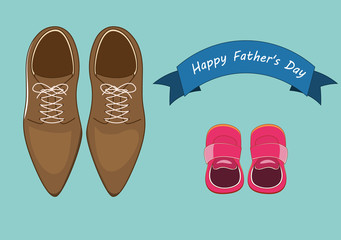 vector illustration of men leathers shoes and baby shoes with blue happy father's day banner text. father's day concepts.eps 10