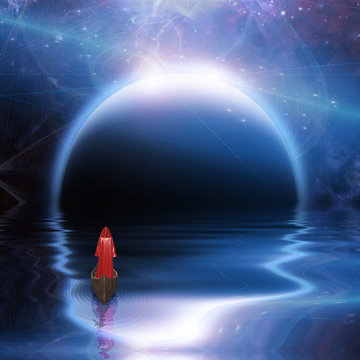 Man In Red Robe Floating To Blue Planet