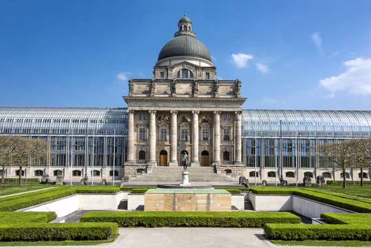 Hofgarten, Munich, Germany: State chancellery of Bavaria with war memorial and park