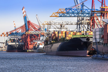 Container Port at Hamburg in the Light of the setting sun