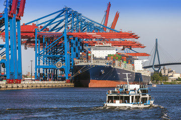 Container Port at Hamburg in the Light of the setting sun