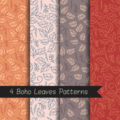 Vector set of four boho leaves patterns. Doodle design. Patterns for stationery, package design, background,wallpaper, textile, web texture. Set of abstract patterns.