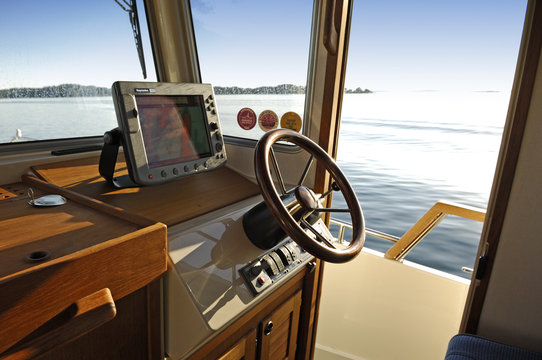 Driver seat on a boat, Sweden.