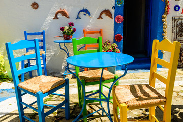 Fototapeta na wymiar Traditional Greek tavern in the popular tourist village of Zia, Kos island, Dodecanese, Greece.