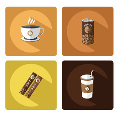 Modern flat Coffee icons set with long shadow effect