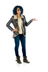 female model attractive woman showcasing empty spcace for logo o