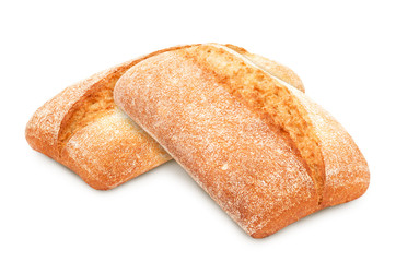 Two freshly baked loaf of traditional italian bread ciabatta isolated on white background. Design element for bakery product label, catalog print, web use.