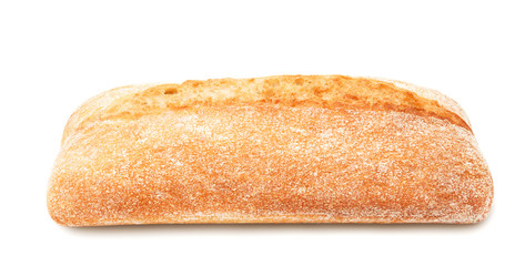 Freshly baked loaf of traditional italian bread ciabatta isolated on white background. Design element for bakery product label, catalog print, web use.