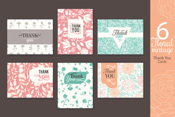 Six vintage floral wedding thank you card set with fun frames, text. Great for any occasion.