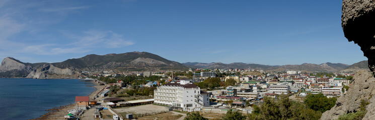 Fototapeta na wymiar View towards Sudak town from Alchak Cape, Crimea, Russia.