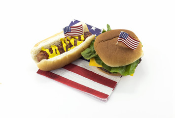 Hot dog and Hamburger on an American flag napkin and toothpick