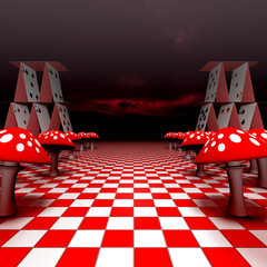 Amanita and playing cards on the chessboard - 3D-Rendering - obrazy, fototapety, plakaty