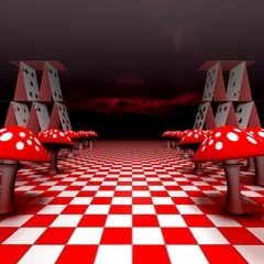Fotobehang Amanita and playing cards on the chessboard - 3D-Rendering © ablakat