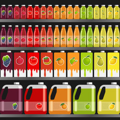 Shelves with juices in different packaging in a supermarket