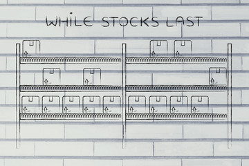 warehouse shelves with few products left, While Stocks Last capt