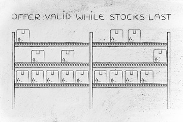 warehouse shelves with product boxes, Offer Valid While Stocks L