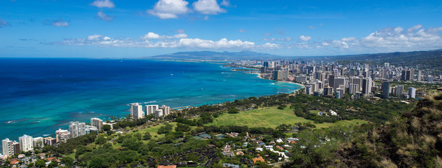 The coastline of Waikiki Beach leading into Waikiki and Honolulu