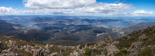 Panoramic image of Hobart in Tasmania viewed from the top of Mt