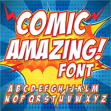 Comic alphabet set. Letters, numbers and figures for kids' illustrations, websites, comics, banners.