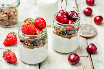 Chia seeds granola Greek yoghurt pudding with berries