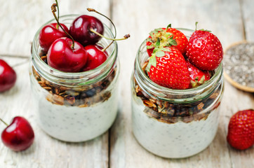 Chia seeds granola Greek yoghurt pudding with berries