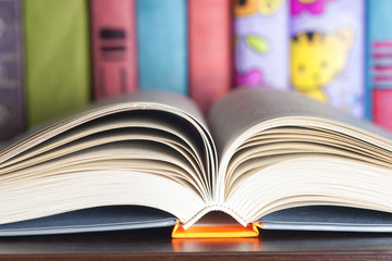 A set of books in the library. Knowledge, Science. Toned image.