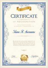 Certificate of Recognition Vintage Frame with Gold Ribbon. Portrait.