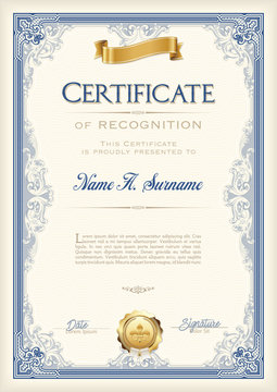 Certificate Of Recognition Vintage Frame With Gold Ribbon. Portrait.