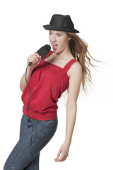 female singer with hat