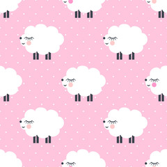 Cute sheep seamless pattern on pink polka dots background. Vector baby sheep illustration for kids holidays. Baby shower background. Child drawing style sheep. Kids design for fabric and decor.