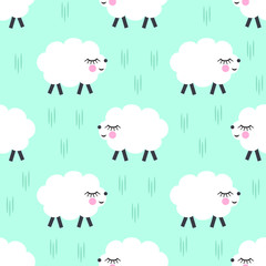 Smiling sheep seamless pattern background. Vector baby sheep illustration for kids holidays. Cute bright baby shower background. Child drawing style walking sheep. Kids design for fabric and decor.