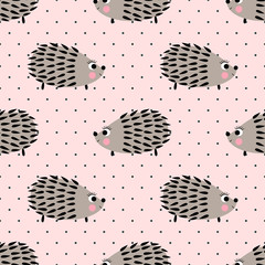 Hedgehog seamless pattern on pink polka dots background. Cute cartoon animal background. Child drawing style baby hedgehog illustration. Kids design for fabric and decor. - 111715200