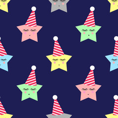 Stars with birthday caps background. Seamless night pattern with sleeping stars for kids holidays. Cute birthday party vector background.