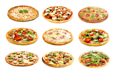 Fototapeta na wymiar Set of different pizzas isolated on white