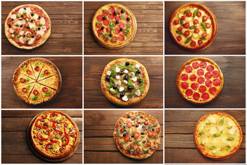 Collage of different pizza on wooden background