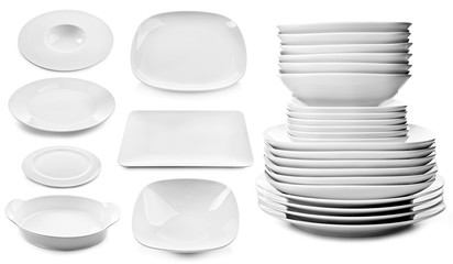 Collage of different plates isolated on white