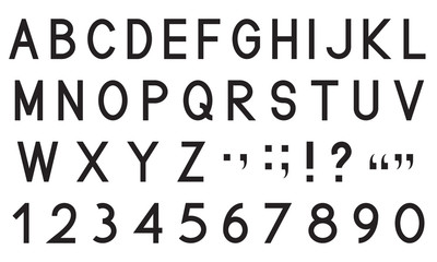 Latin alphabet letters with set of numbers 1, 2, 3, 4, 5, 6, 7, 8, 9, 0 and punctuation signs, black isolated on white background, vector illustration.