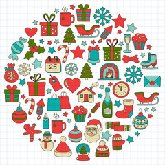 Doodle vector icons Merry christmas and happy new year
