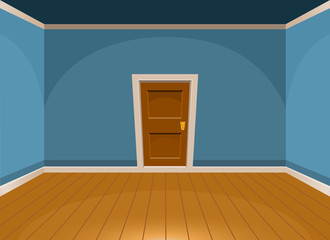 Obraz premium Cartoon flat empty room with a door in blue style. Vector illustration