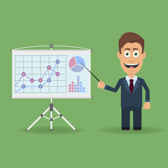 Cartoon character with pointer near presentation stand with business charts and diagrams. Business lecture, seminar, report, presentation, coaching, meeting
